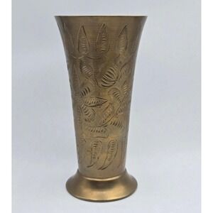 Sarna Brass India Vintage Etched Floral Bud Vase Gold Tone Metal 7" Decor